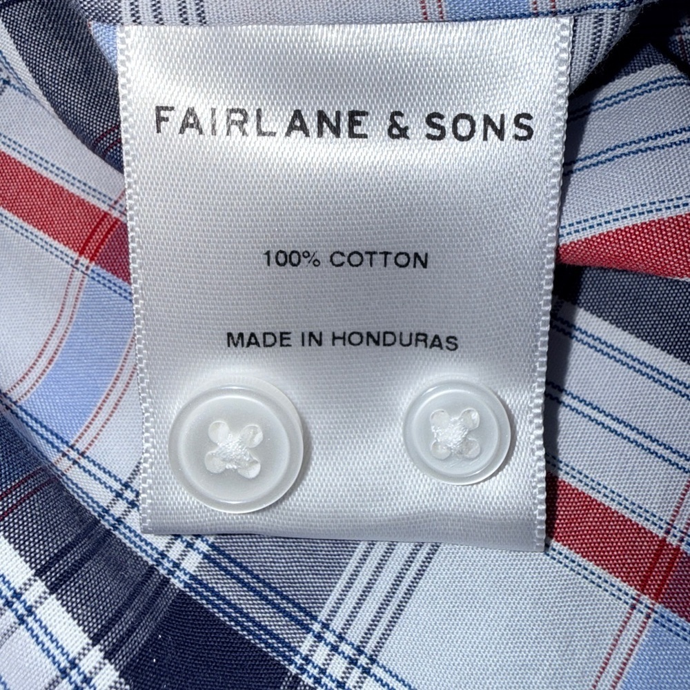 Fairlane & Sons Slim Fit Plaid Button-Down Shirt M Navy Red Wrinkle Free - Picture 10 of 12
